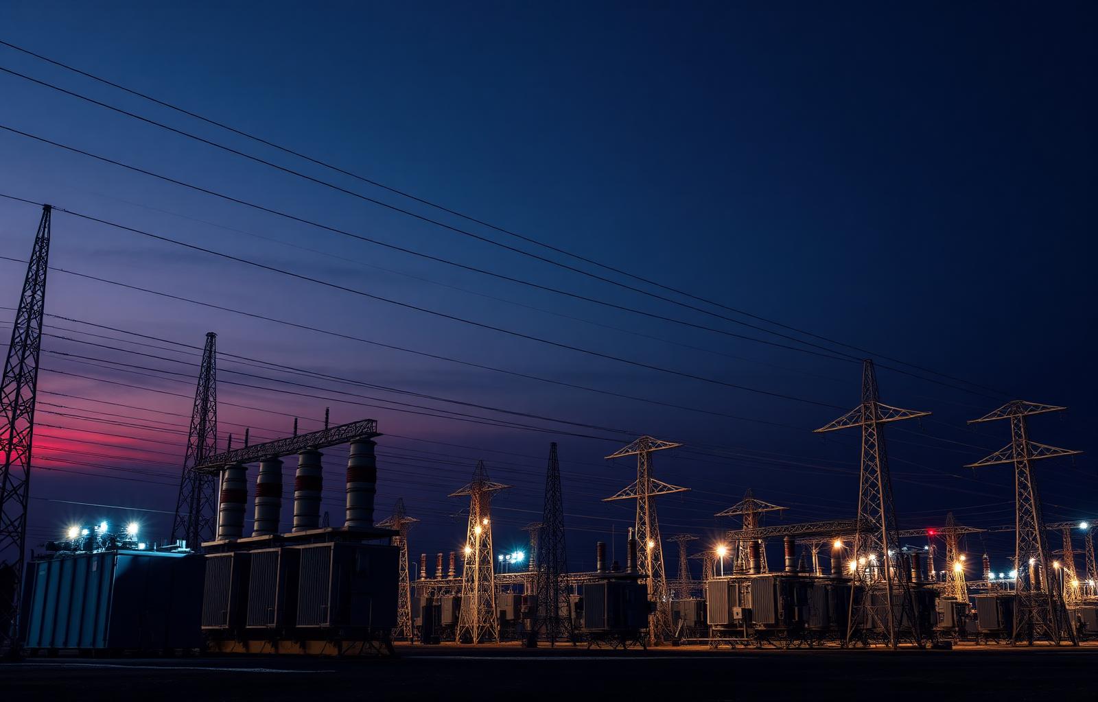 High-voltage substation with transformers and transmission lattice towers at dusk