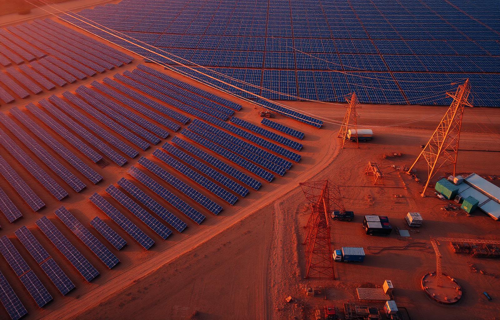 Aerial view of utility-scale solar farm with adjacent transmission lines